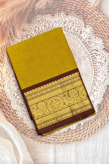 Meenakshi -Premium Kanchi Cotton Saree - Lemon Yellow with Coffee  | MCK118