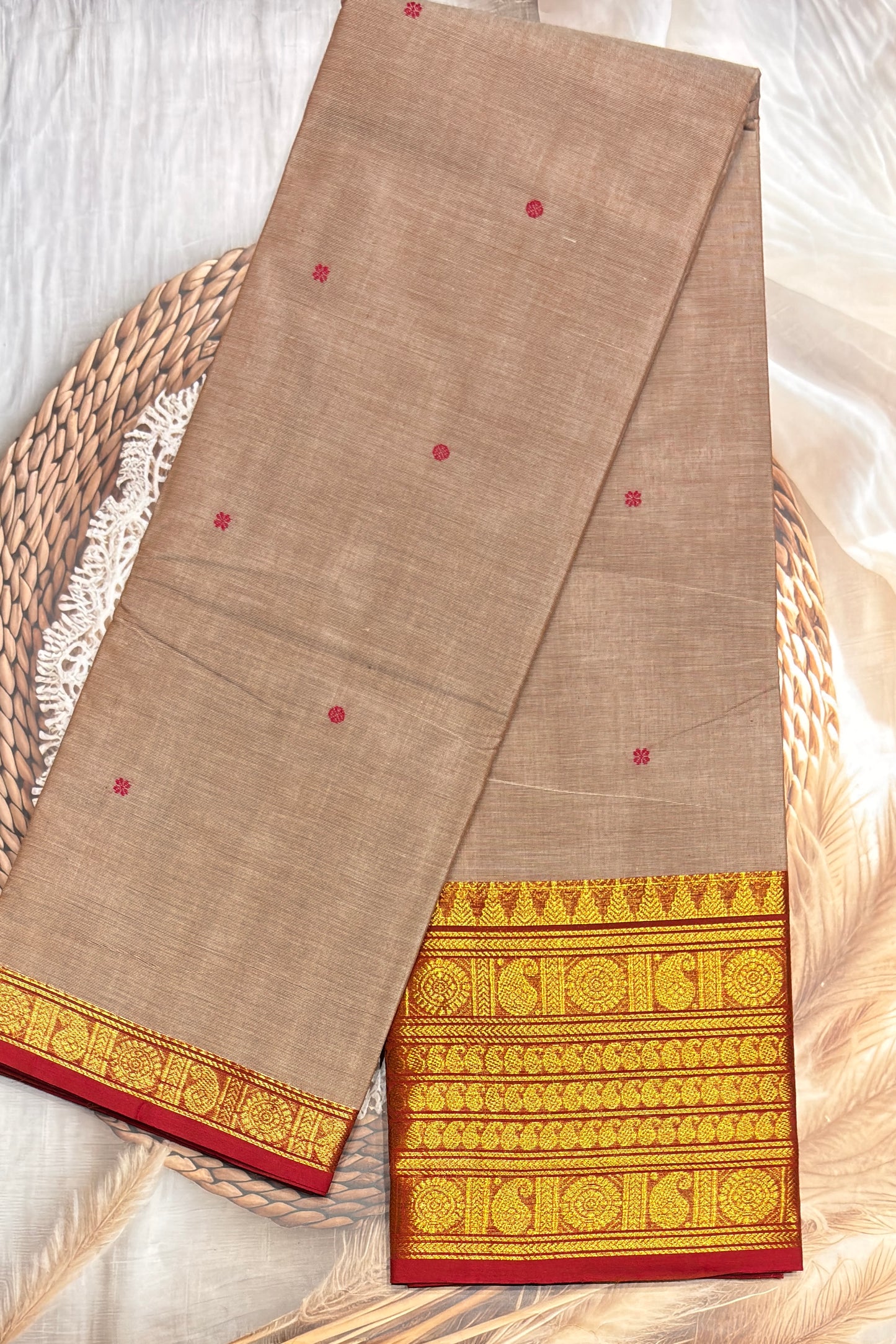 Meenakshi -Premium Kanchi Cotton Saree–Cream with Red|MCK90