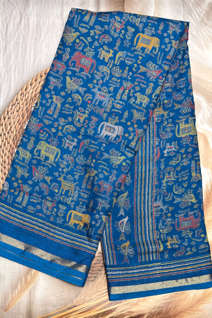 Madhubani Printed Silk | Anandha Blue | PPS21