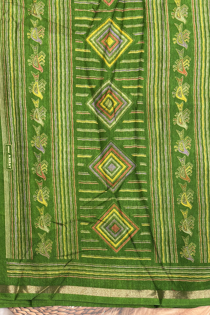 Madhubani Printed Silk | Parrot Green | PPS22