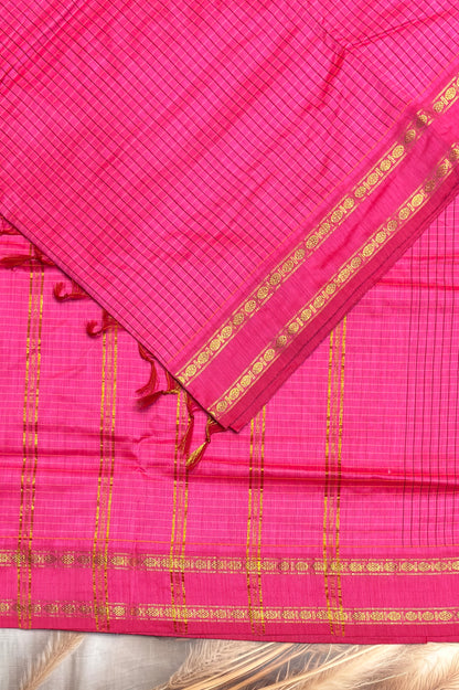 Premium Gadwal Cotton Saree – Vintage  Checks With Rettapet Border  | Rose | MGC23