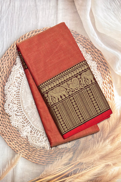 Narayanpet Cotton Saree – Elephant Thread Weave Border with Striped Pallu-MNC09-Peach