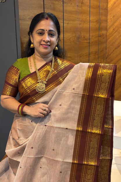 Meenakshi -Premium Kanchi Cotton Saree–Cream With Choclate | MCK71