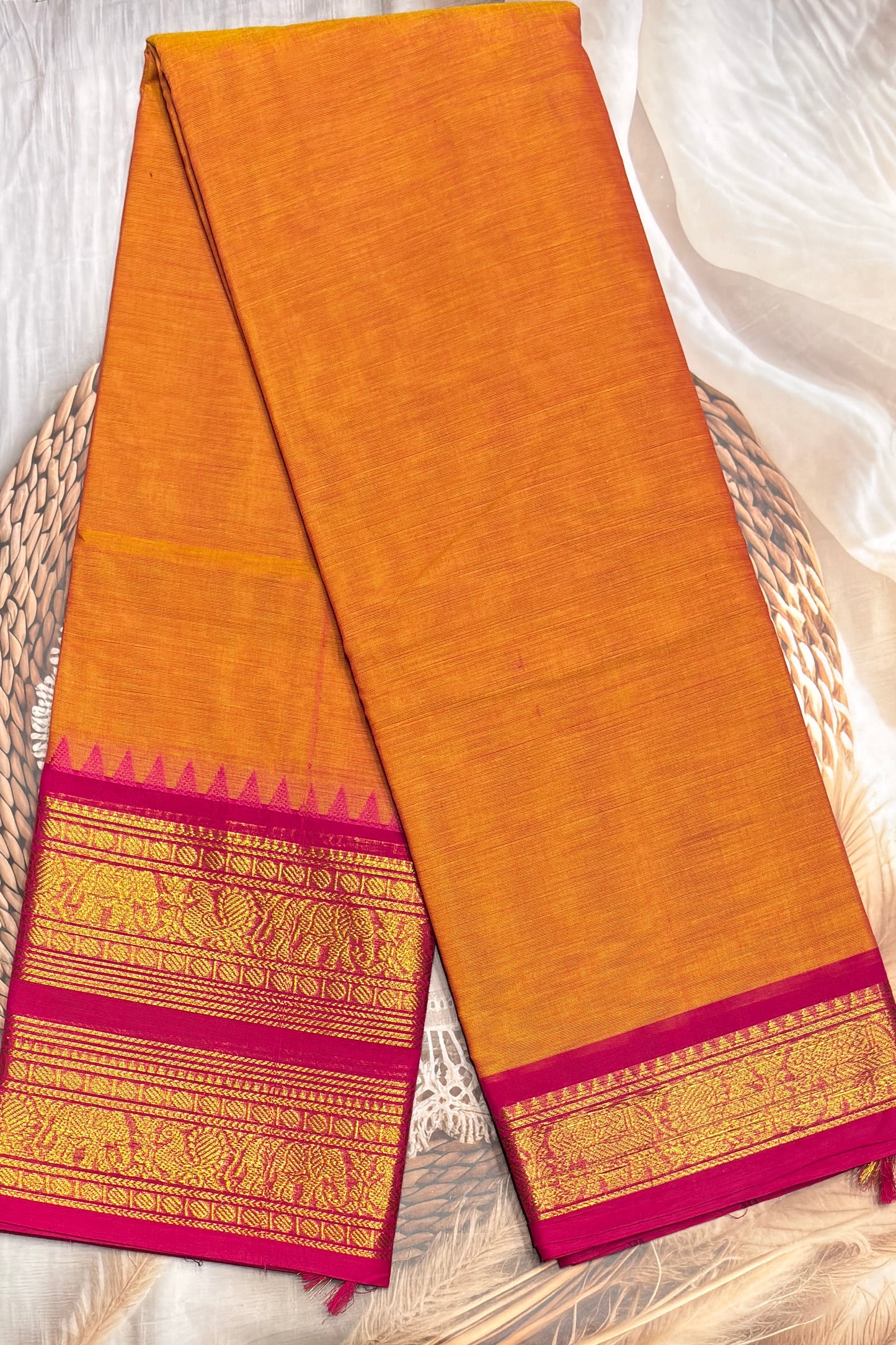 Meenakshi -Premium Kanchi Cotton Saree - Mango Yellow with Rose| MCK101