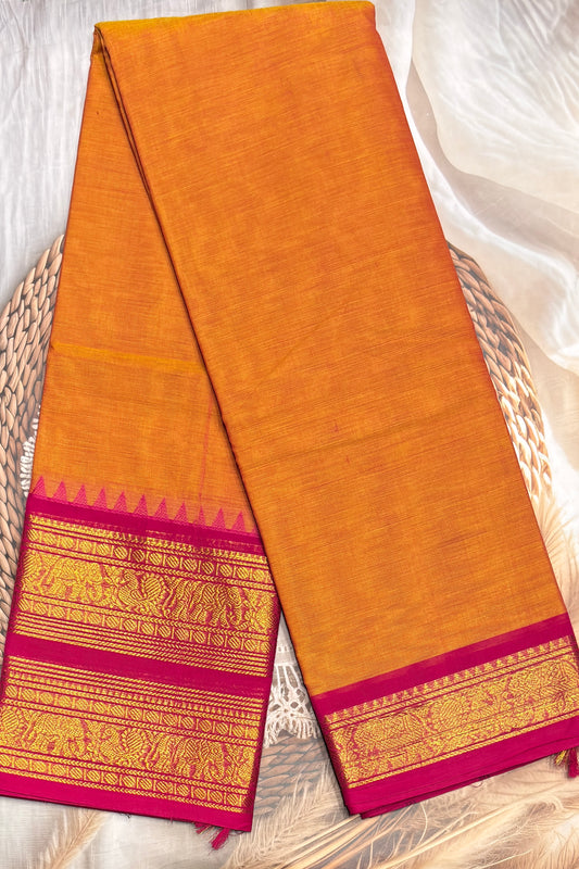 Meenakshi -Premium Kanchi Cotton Saree - Mango Yellow with Rose| MCK101