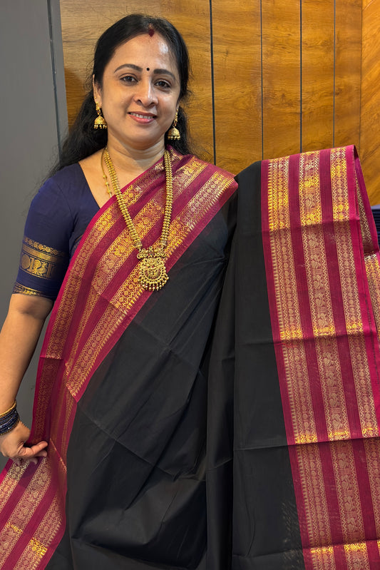 Meenakshi -Premium Kanchi Cotton Saree–Black / Majenta Pink | MCK105