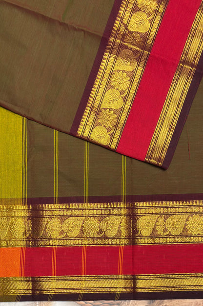 Meenakshi -Chettinad  Cotton | Meh Green Two Tone with Maroon and Red Retta Pet Border | MCK29