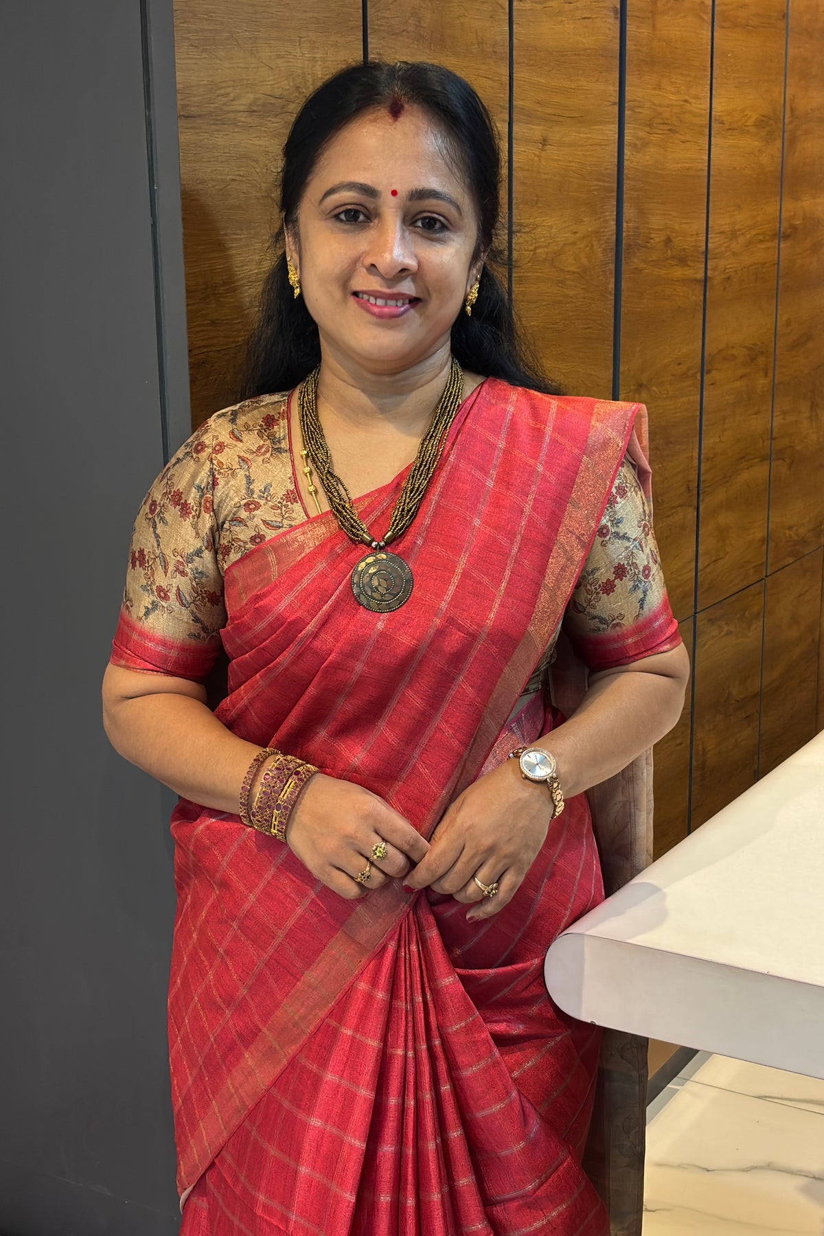 Matka Tussar Silk- Tomato Red with Gold-MBSP05