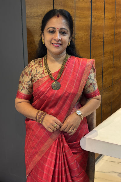 Matka Tussar Silk- Tomato Red with Gold-MBSP05