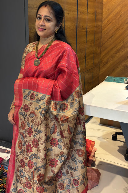 Matka Tussar Silk- Tomato Red with Gold-MBSP05