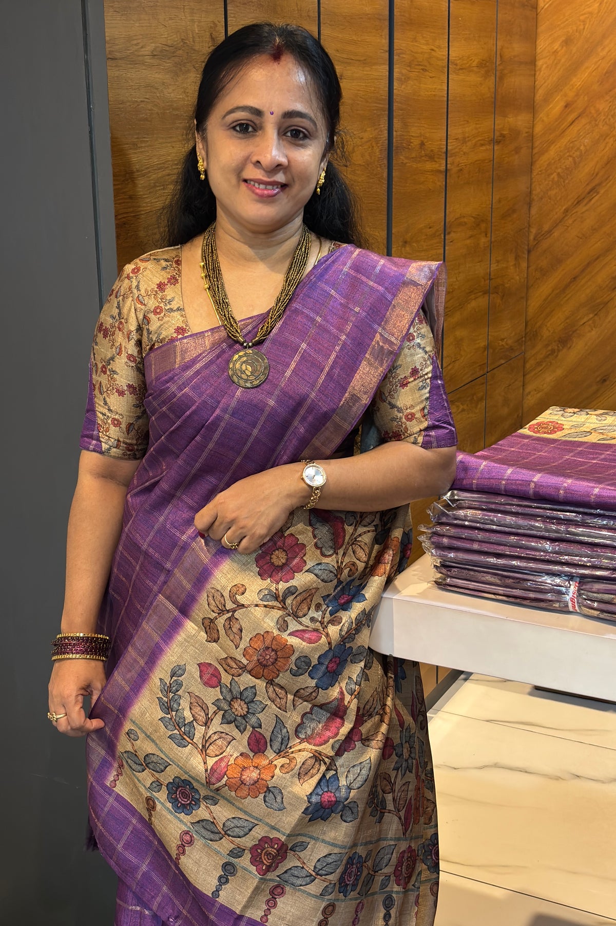 Matka Tussar Silk- Purple Dual Tone with Gold-MBSP06