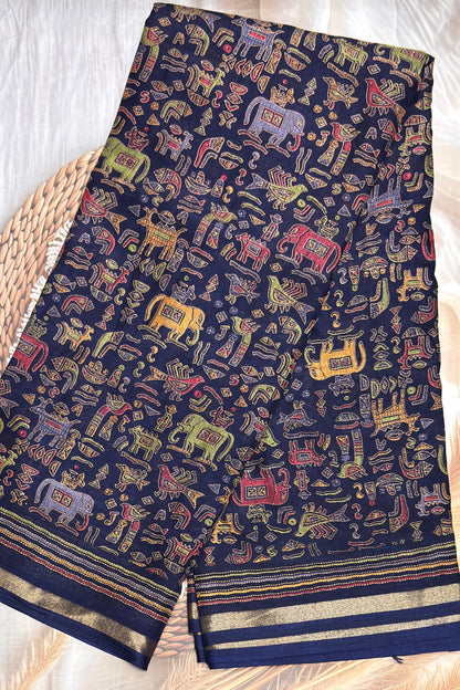 Madhubani Printed Silk | Navy Blue |PPS15