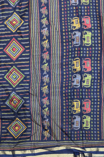 Madhubani Printed Silk | Navy Blue |PPS15