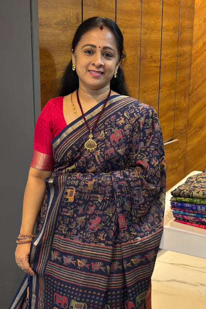 Madhubani Printed Silk | Navy Blue |PPS15