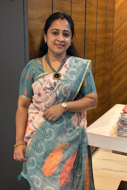 Premium Linen Cotton Saree | Cream with Sea Green | MBLE80