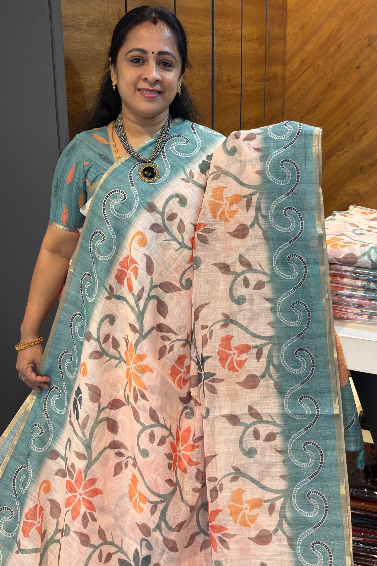 Premium Linen Cotton Saree | Cream with Sea Green | MBLE80