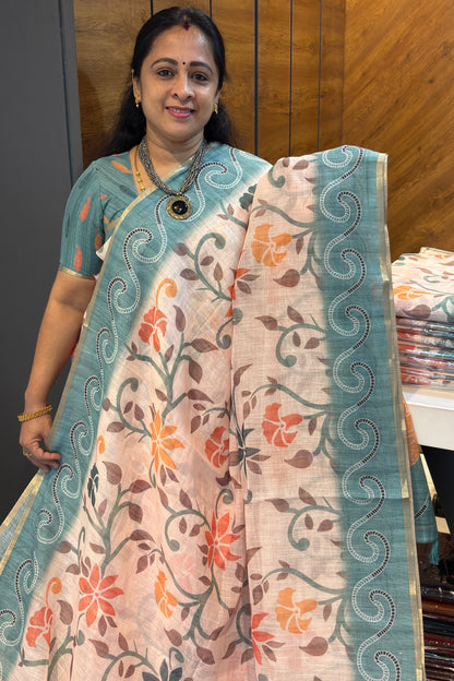 Premium Linen Cotton Saree | Cream with Sea Green | MBLE80
