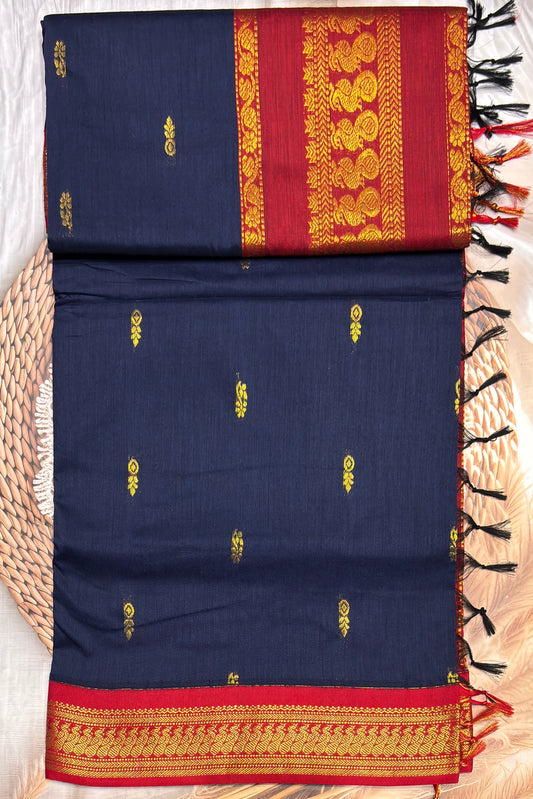 Kalyani Cotton Butta | Navy Blue With Red | KCBU08