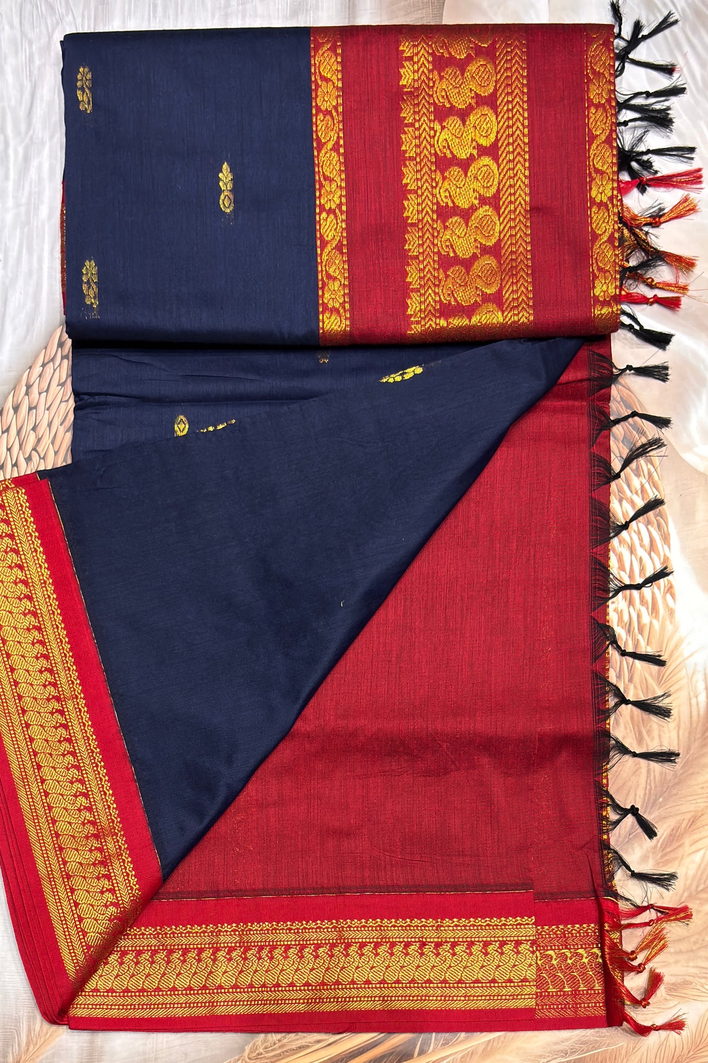 Kalyani Cotton Butta | Navy Blue With Red | KCBU08