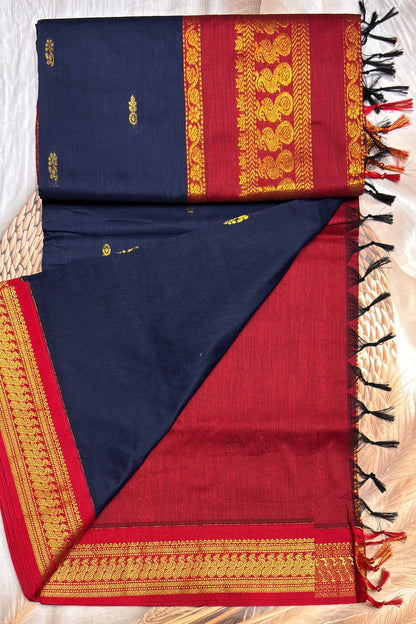 Kalyani Cotton Butta | Navy Blue With Red | KCBU08