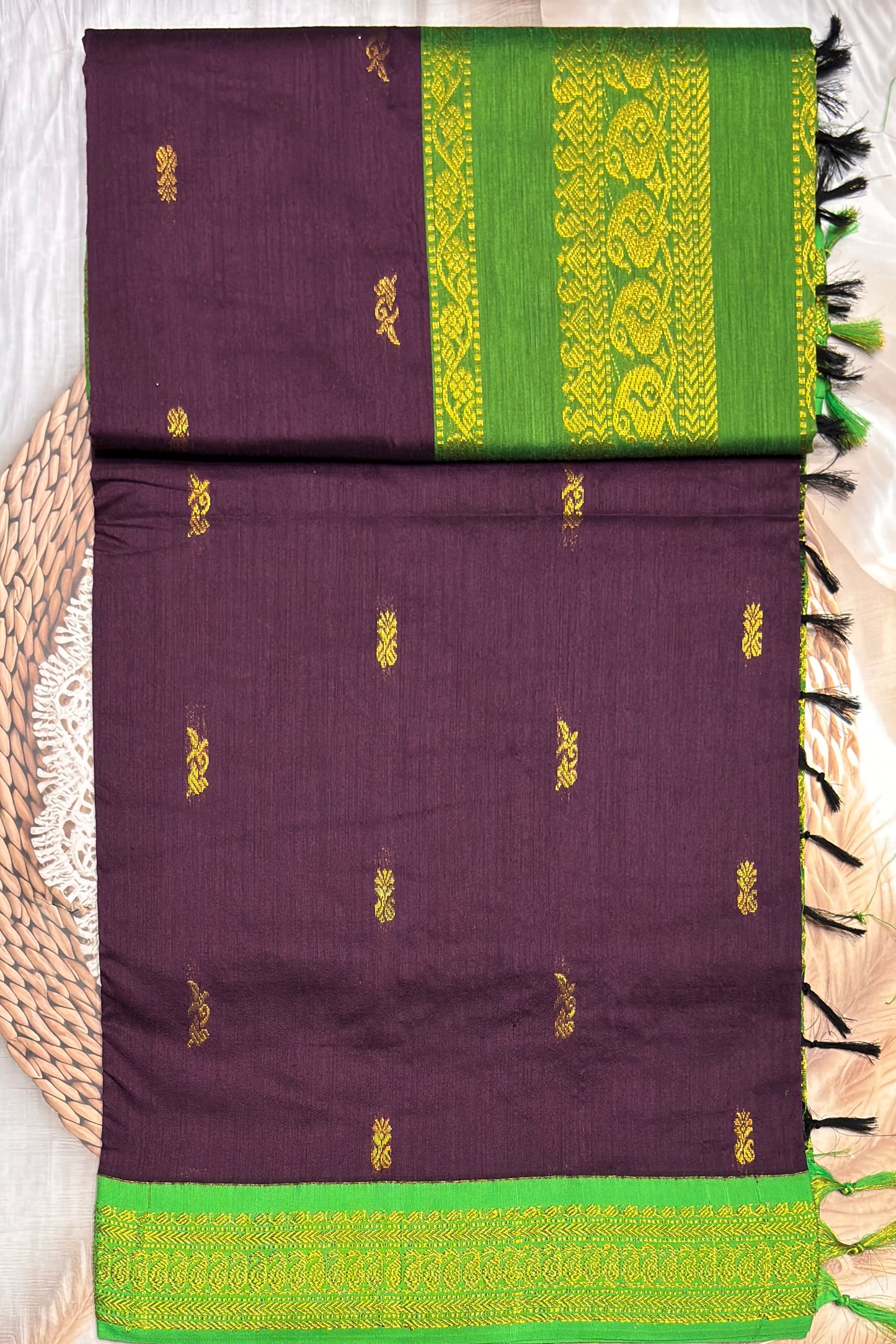 Kalyani Cotton Butta |Dark Purple with Parrot Green | KCBU05