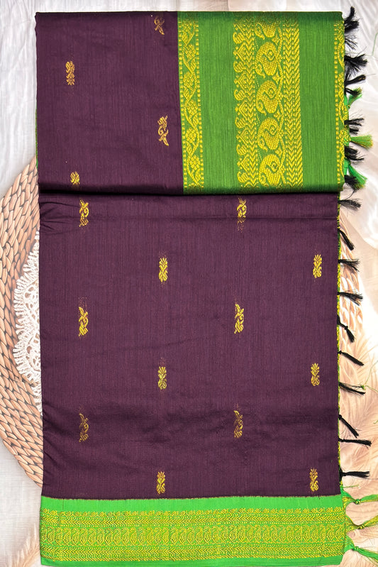 Kalyani Cotton Butta |Dark Purple with Parrot Green | KCBU05