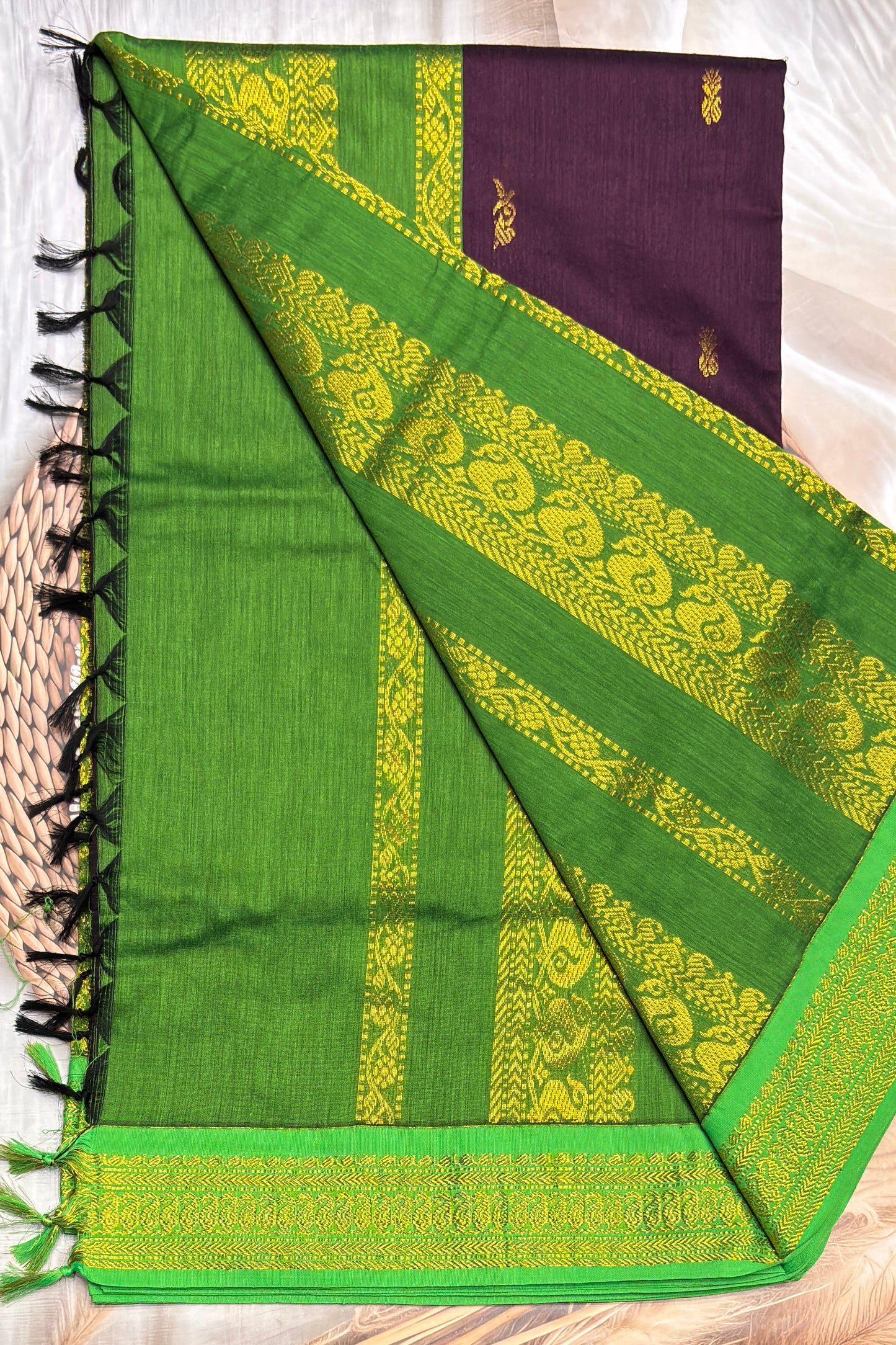 Kalyani Cotton Butta |Dark Purple with Parrot Green | KCBU05