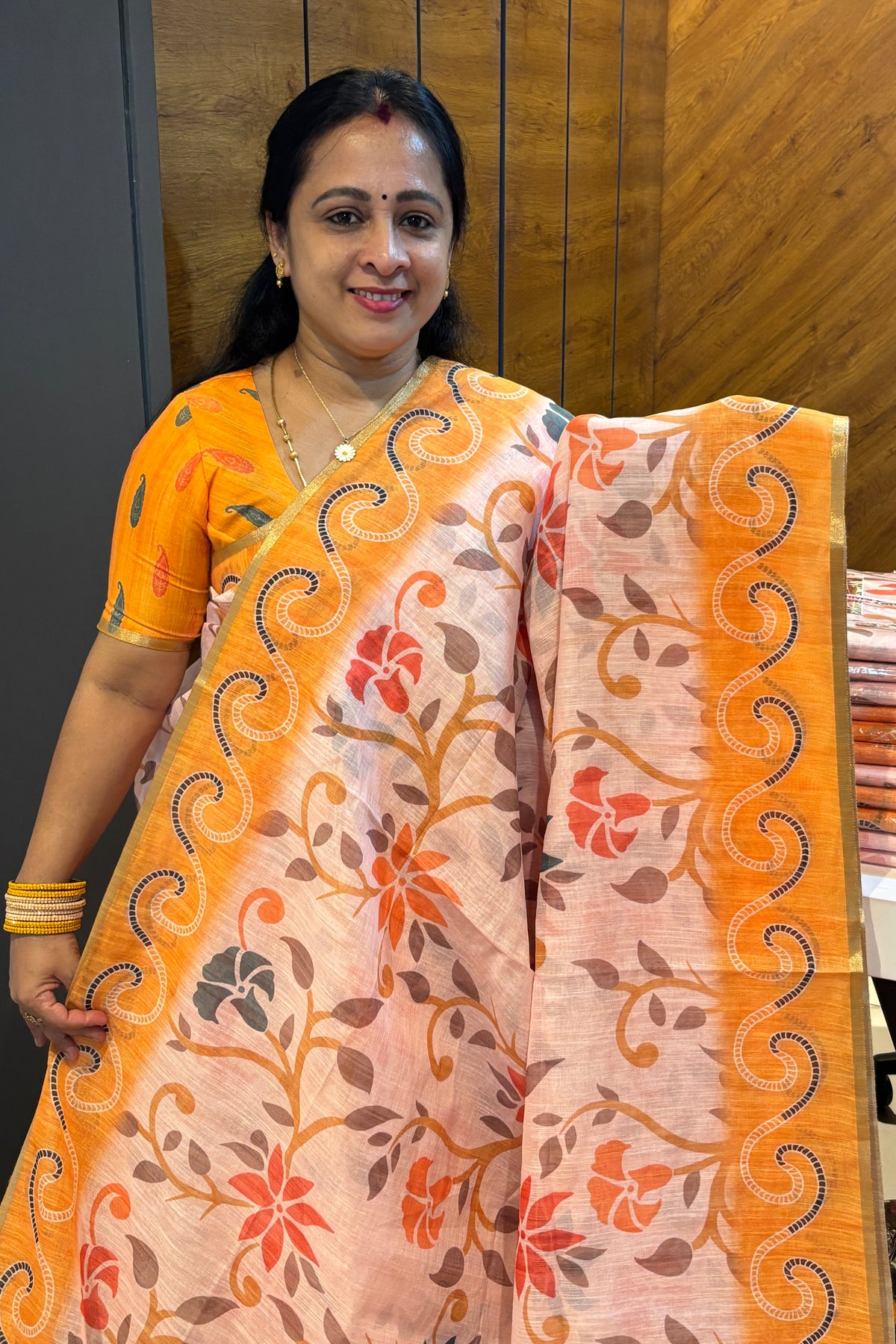 Premium Linen Cotton Saree | Cream with Yellow | MBLE81