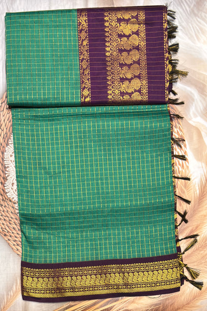 Kalyani Cotton Checks |Rama Green With Purple   | KCCH29