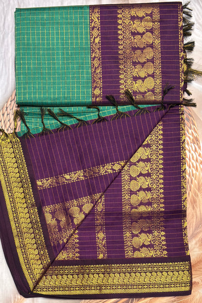 Kalyani Cotton Checks |Rama Green With Purple   | KCCH29