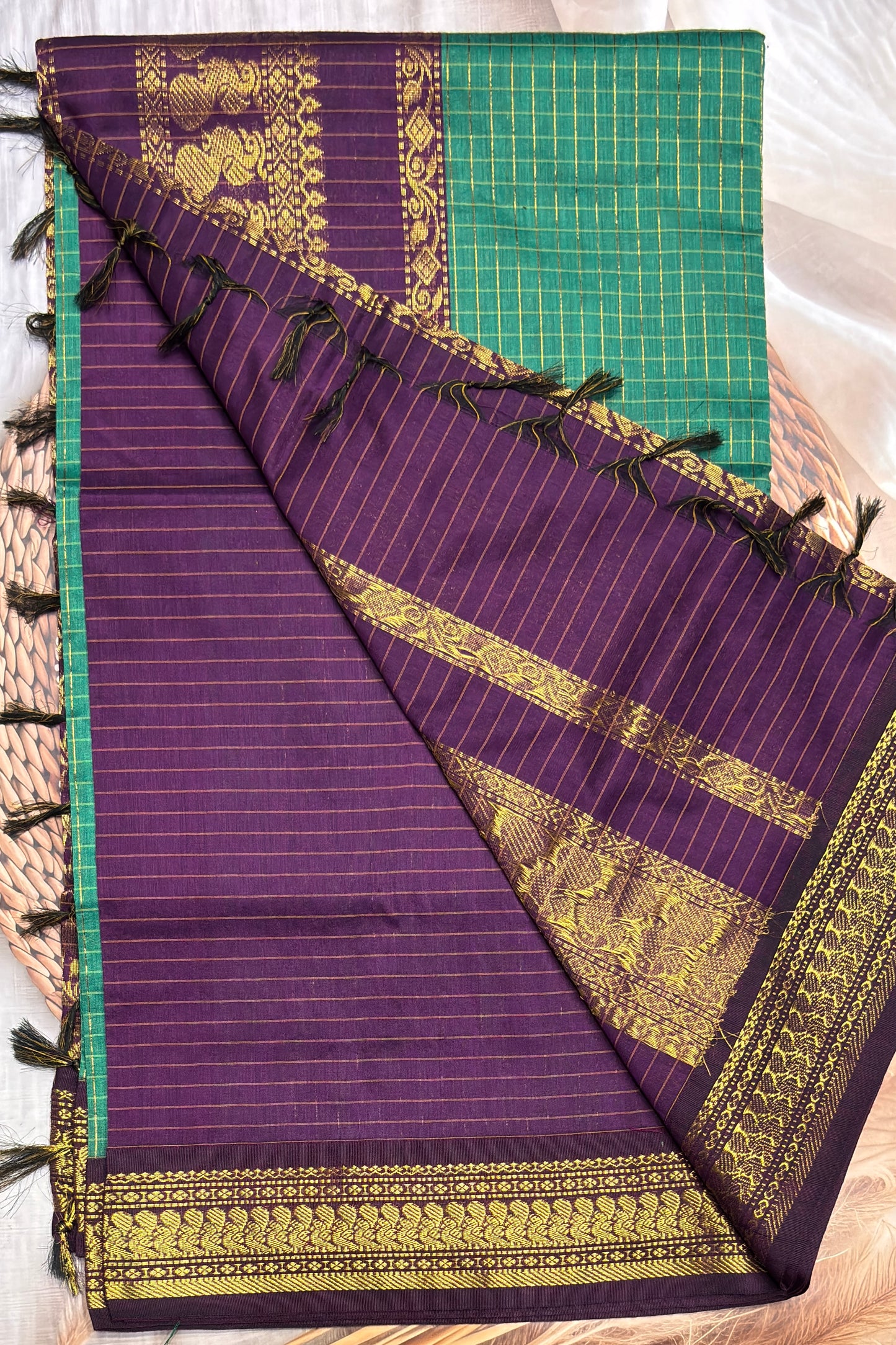 Kalyani Cotton Checks |Rama Green With Purple   | KCCH29