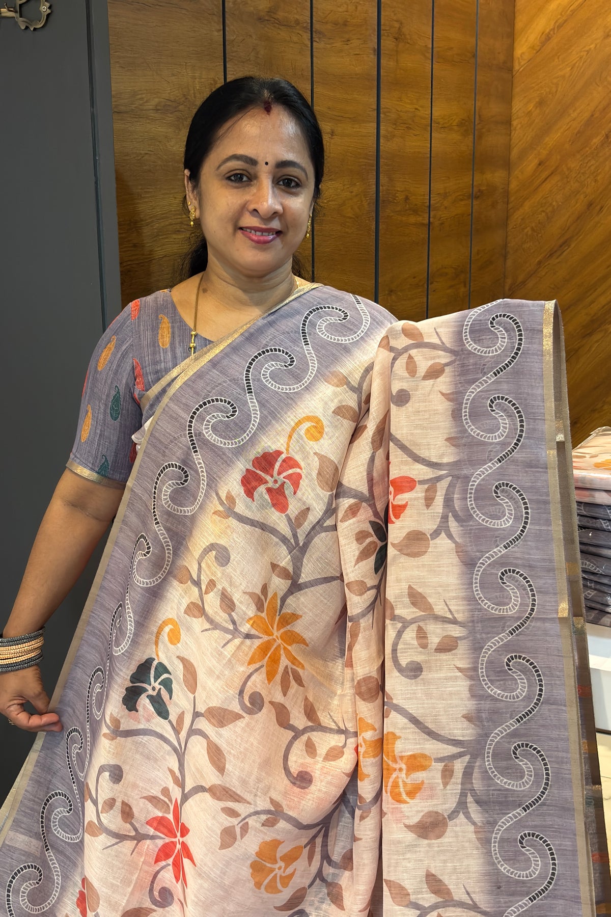 Premium Linen Cotton Saree | Cream With Grey | MBLE82