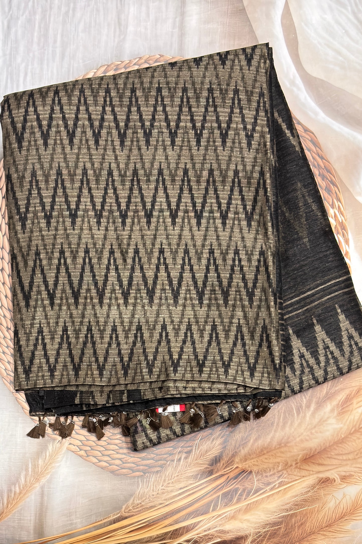 Jute Linen Saree | Olive Green with Black | MBJL01