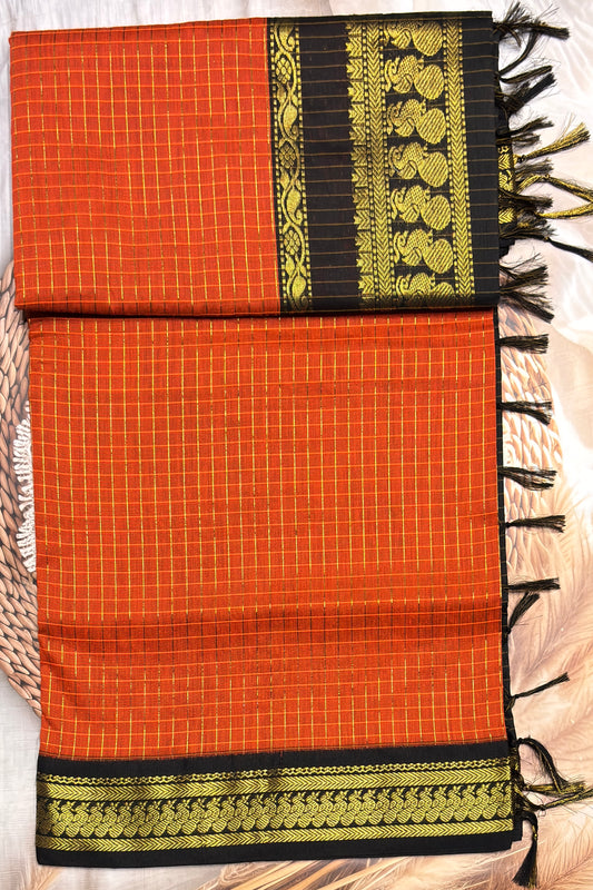 Kalyani Cotton Checks | Orange With Black | KCCH30