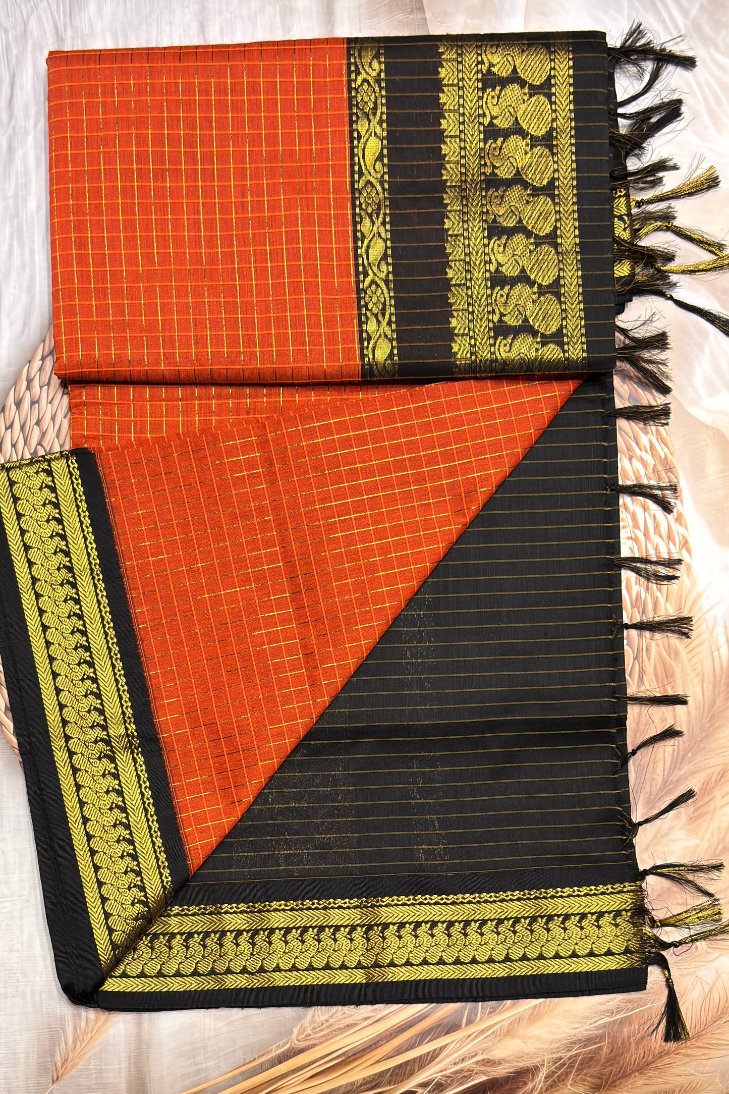 Kalyani Cotton Checks | Orange With Black | KCCH30