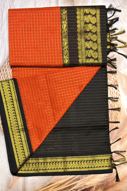Kalyani Cotton Checks | Orange With Black | KCCH30
