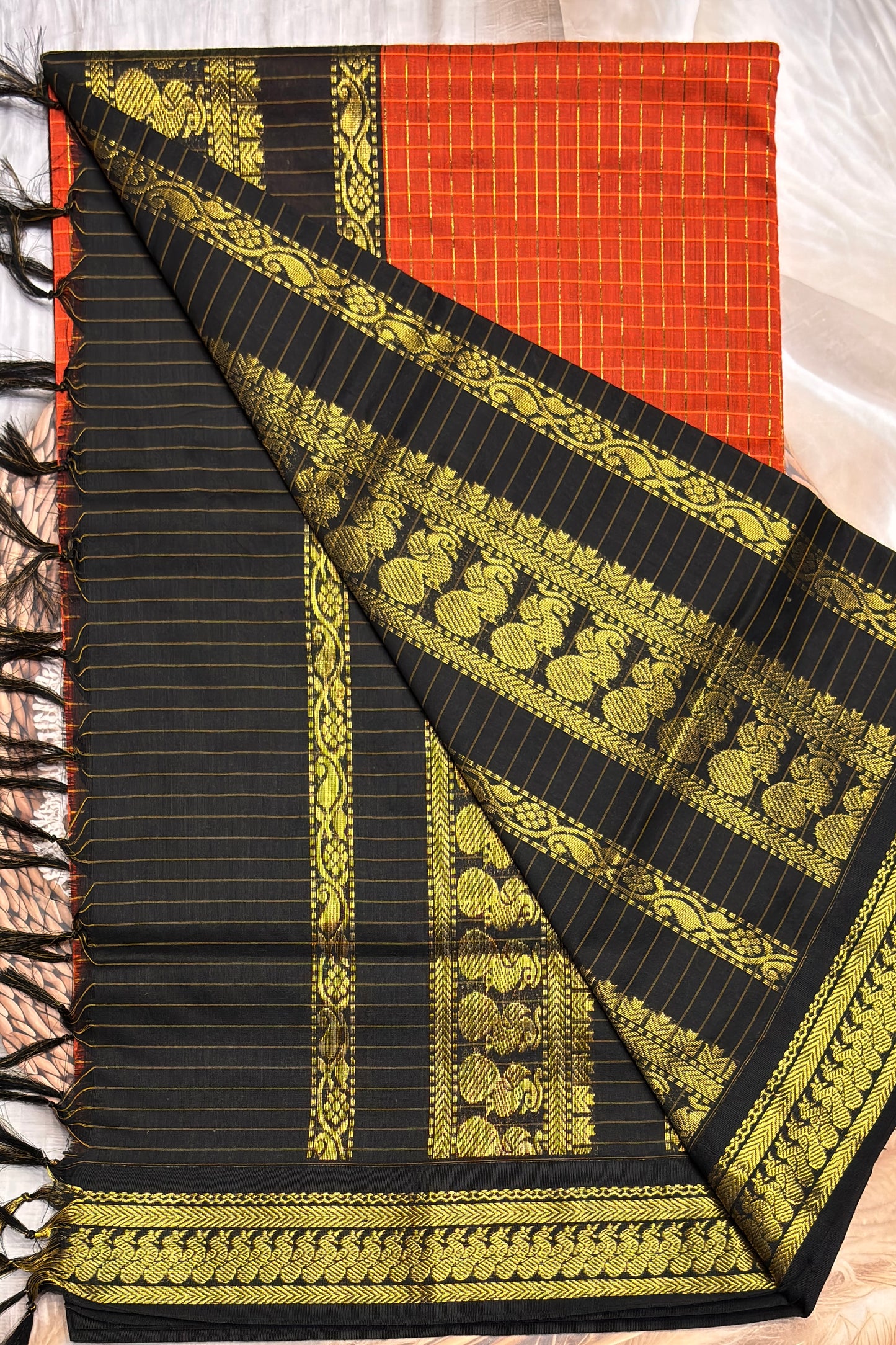 Kalyani Cotton Checks | Orange With Black | KCCH30