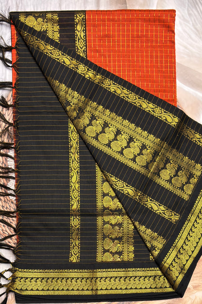Kalyani Cotton Checks | Orange With Black | KCCH30