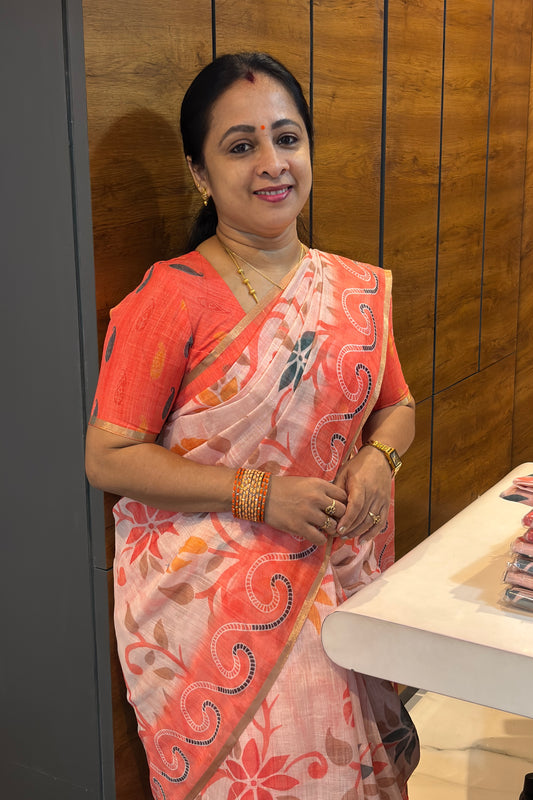 Premium Linen Cotton Saree | Cream With Fanta | MBLE83