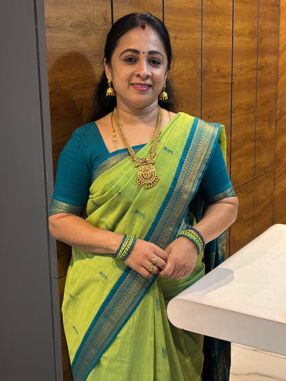 Kalyani Cotton Butta |Parrot Green with Rama Blue | KCBU19