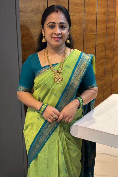Kalyani Cotton Butta |Parrot Green with Rama Blue | KCBU19