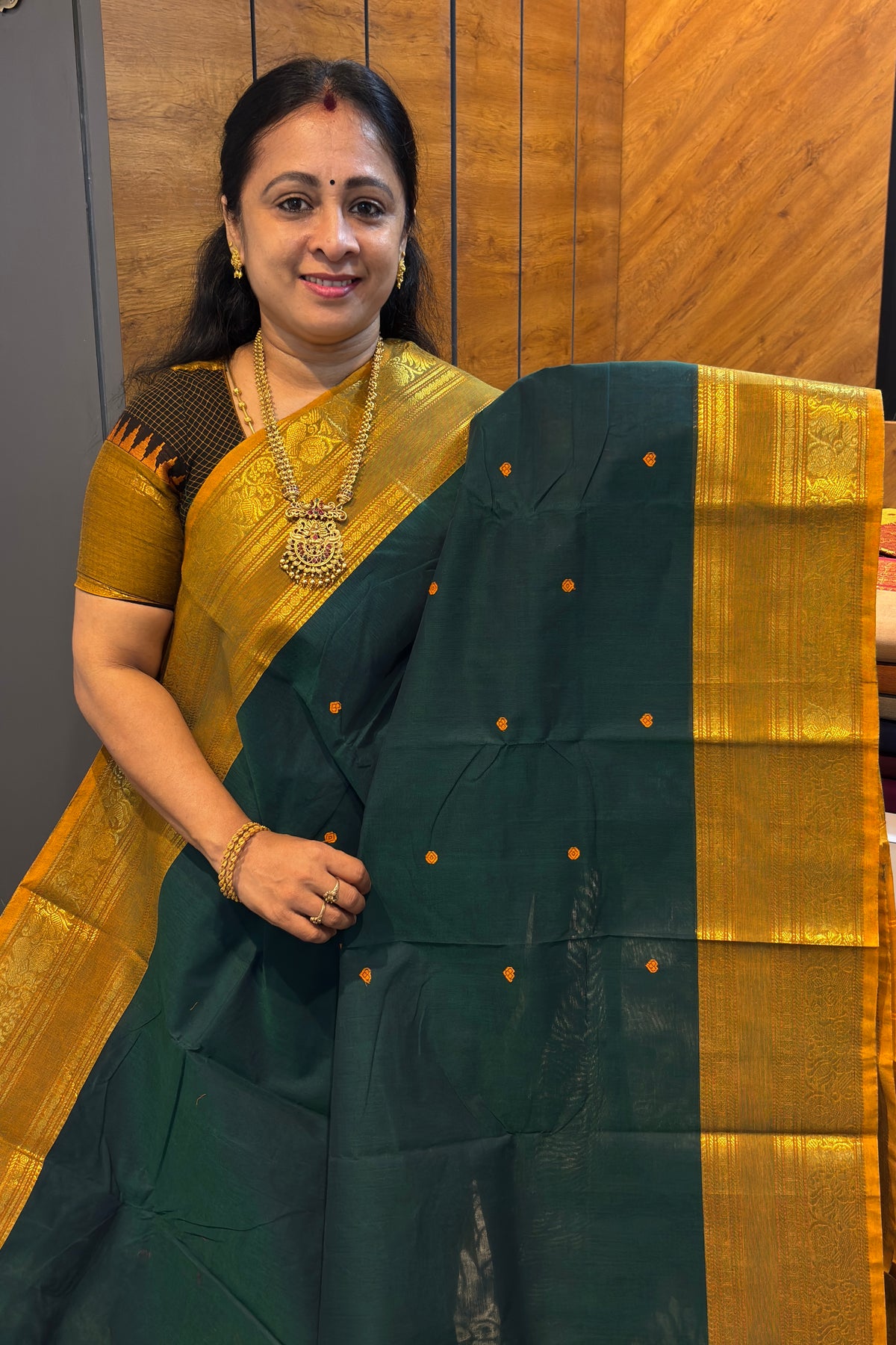 Kanchi Cotton Butta Design | Bottle Green / Mustard | MBLE84
