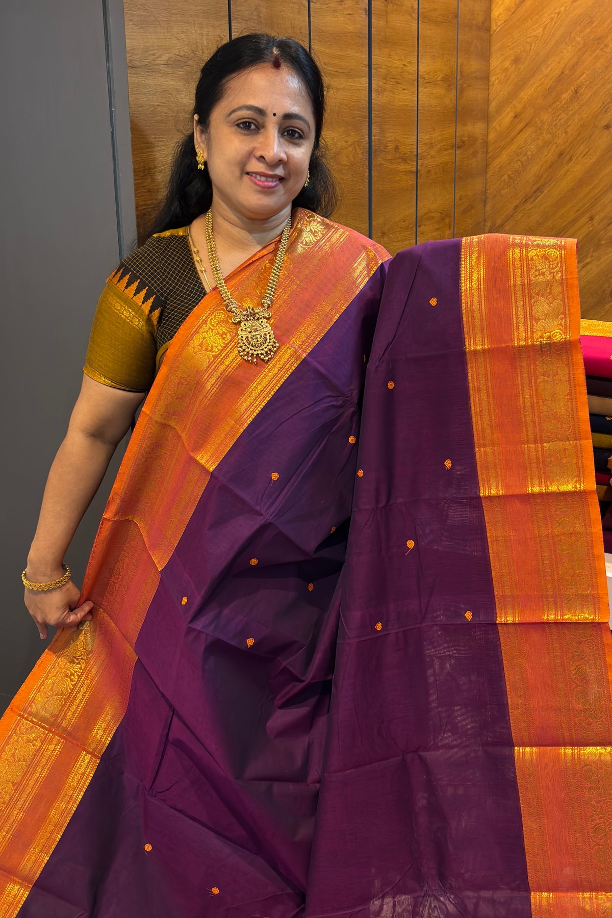 Kanchi Cotton Butta Design | Brinjal Violet/ Mango Yellow | MBLE85
