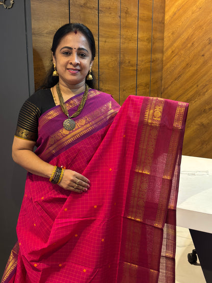 Meenakshi -Premium Kanchi Cotton Saree– Korvai Checks Butta - Rose Ganja Jamuna | MCK64