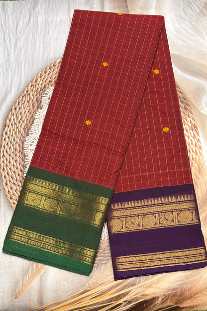 Meenakshi -Premium Kanchi Cotton Saree– Korvai Checks Butta - Red Ganja Jamuna | MCK63