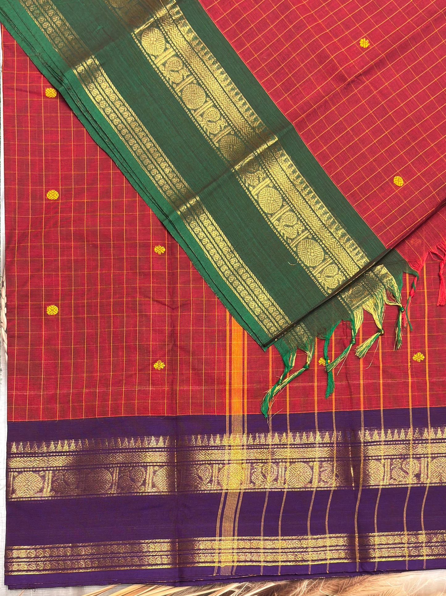Meenakshi -Premium Kanchi Cotton Saree– Korvai Checks Butta - Red Ganja Jamuna | MCK63