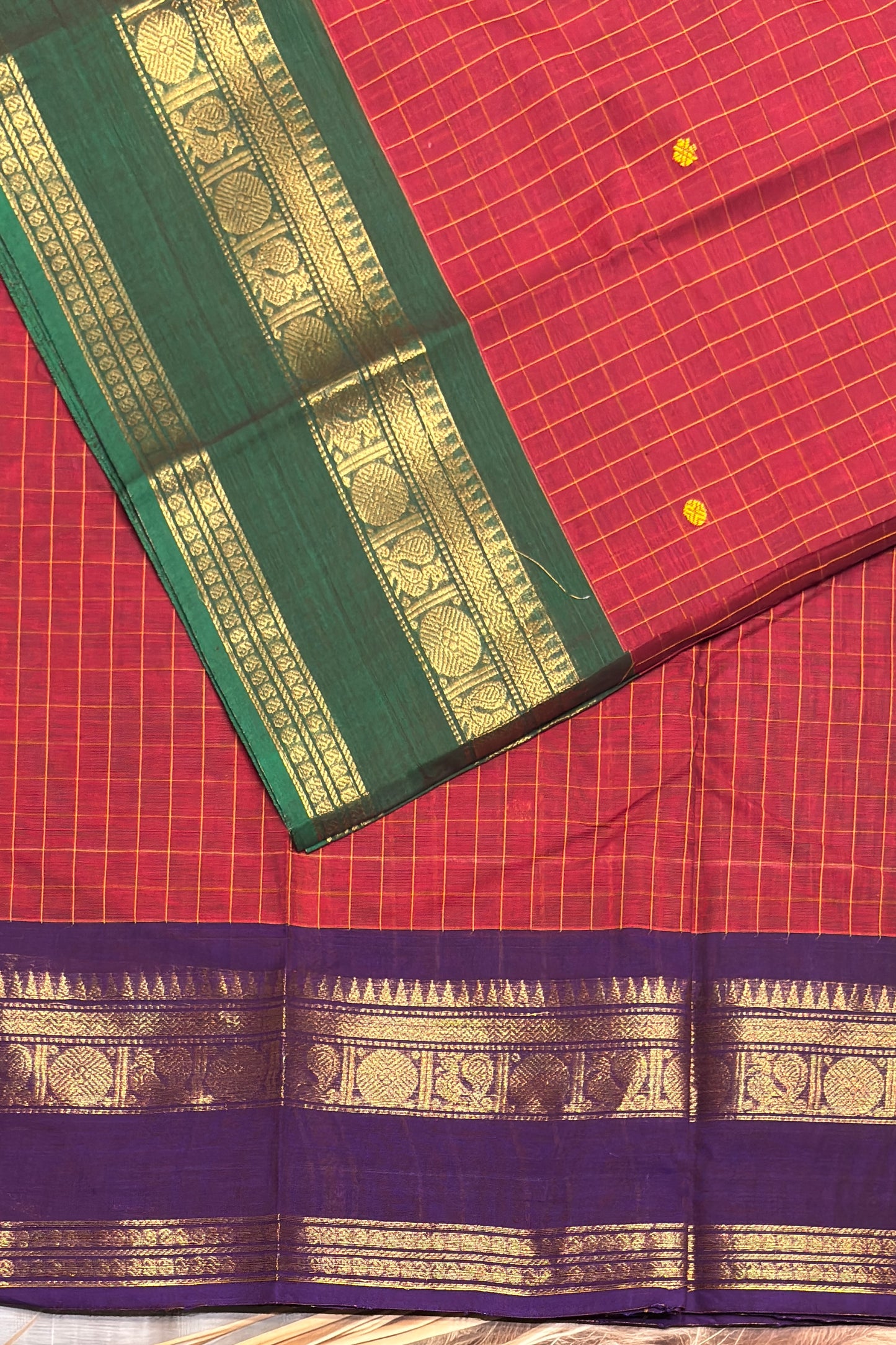 Meenakshi -Premium Kanchi Cotton Saree– Korvai Checks Butta - Red Ganja Jamuna | MCK63