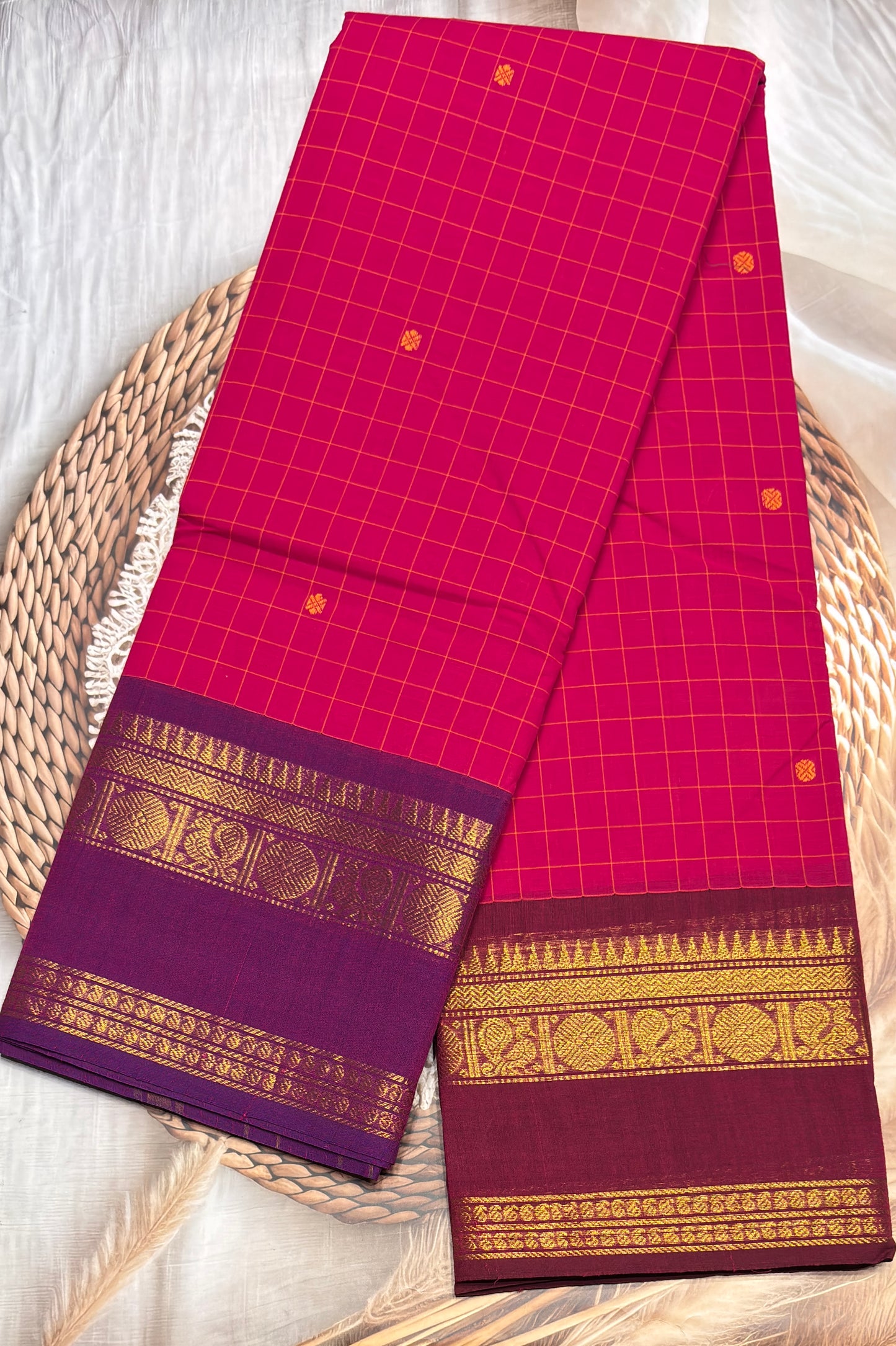 Meenakshi -Premium Kanchi Cotton Saree– Korvai Checks Butta - Rose Ganja Jamuna | MCK64