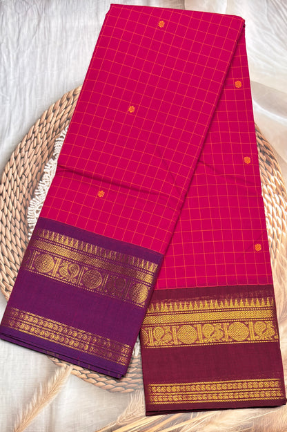 Meenakshi -Premium Kanchi Cotton Saree– Korvai Checks Butta - Rose Ganja Jamuna | MCK64