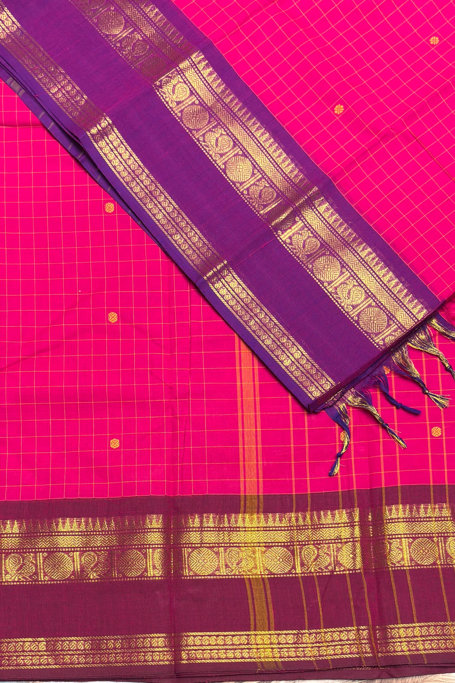 Meenakshi -Premium Kanchi Cotton Saree– Korvai Checks Butta - Rose Ganja Jamuna | MCK64